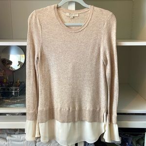Loft tan scoop neck sweater with built-in cream blouse ,flowy sleeves